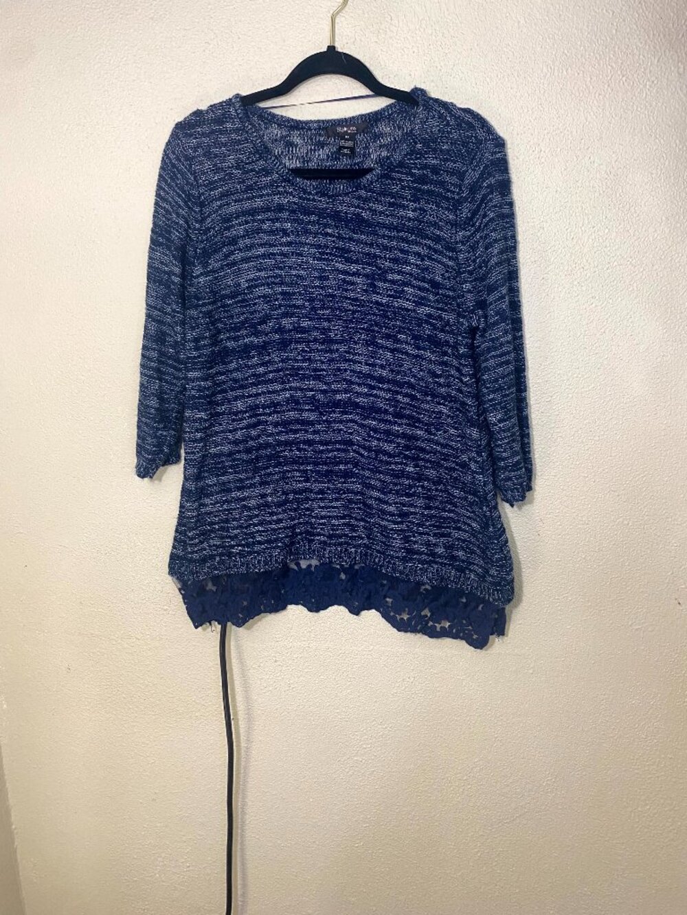 Style & Co Blue Marked Knit Sweater Top Womens 0X Plus Size Lace Hem 3/4 Sleeve